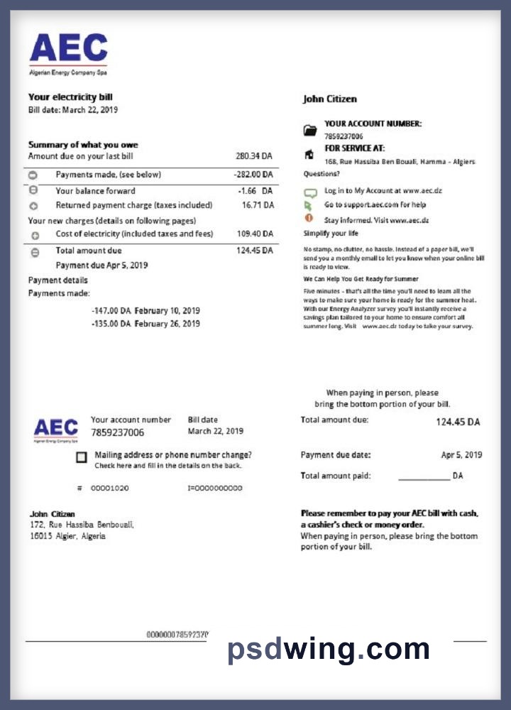 Algeria AEC Algerian Energy Company Utility Bill
